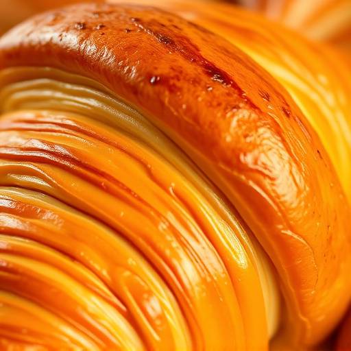 Gros plan d'un croissant doré fraîchement sorti du four, mettant en évidence sa texture feuilletée et appétissante, idéal pour une boulangerie locale.