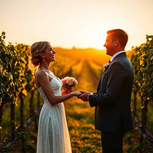 Image d'un couple échangeant leurs vœux lors d'une cérémonie de mariage en plein air dans un vignoble pittoresque de la région lyonnaise, capturant la joie et l'engagement de l'événement.