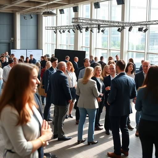 Photo d'un événement d'entreprise avec des participants interagissant lors d'une conférence