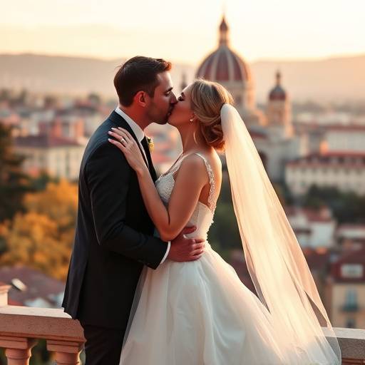 Photo de mariage romantique d'un couple s'embrassant devant la basilique de Fourvière, avec Lyon en arrière-plan, symbolisant l'amour et le patrimoine.