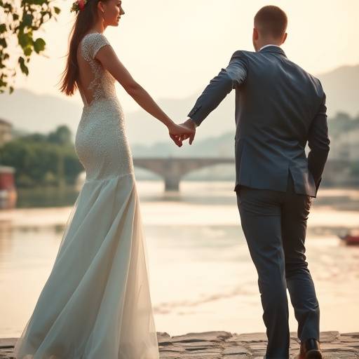 Photo de mariage romantique d'un couple se tenant la main au bord du Rhône