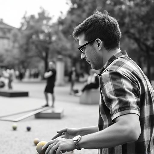 Photo en noir et blanc d'un joueur de pétanque concentré lors d'une partie dans un parc lyonnais, capturant l'esprit convivial et la tradition locale.