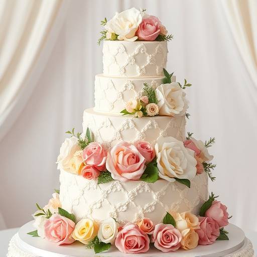 Photographie d'un gâteau de mariage élaboré avec des décorations florales complexes, représentant l'élégance et le raffinement du mariage.
