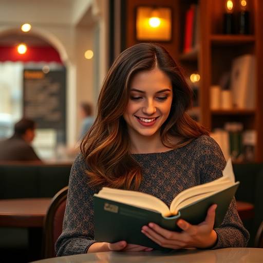 Portrait d'une jeune femme souriante assise dans un café lyonnais en train de lire un livre, capturant l'atmosphère chaleureuse et l'ambiance locale.
