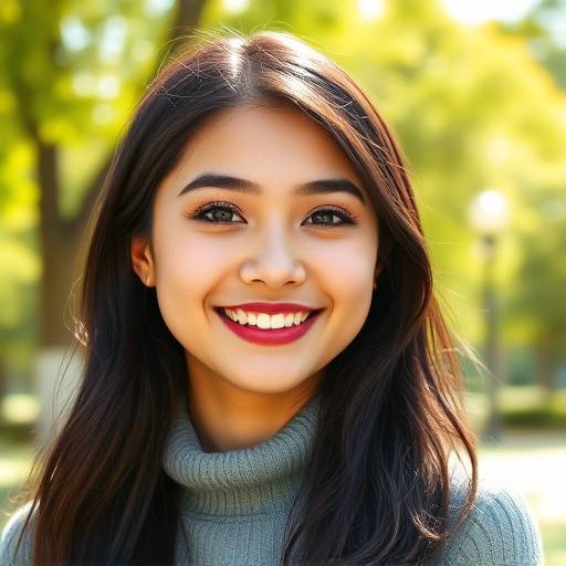 Portrait d'une jeune femme souriante dans un parc ensoleillé, exemple de portrait personnel