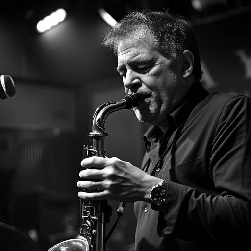Un portrait en noir et blanc d'un musicien passionné jouant du saxophone dans un club de jazz à Lyon, capturant l'intensité et l'émotion de la musique.