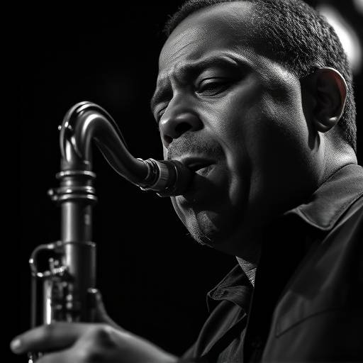 Un portrait en noir et blanc d'un musicien jouant du saxophone avec passion.