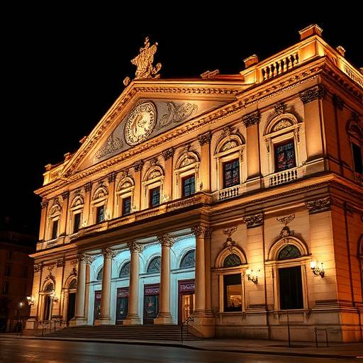 Une photographie d'architecture mettant en valeur la faäade illuminée de l'Opéra de Lyon de nuit.