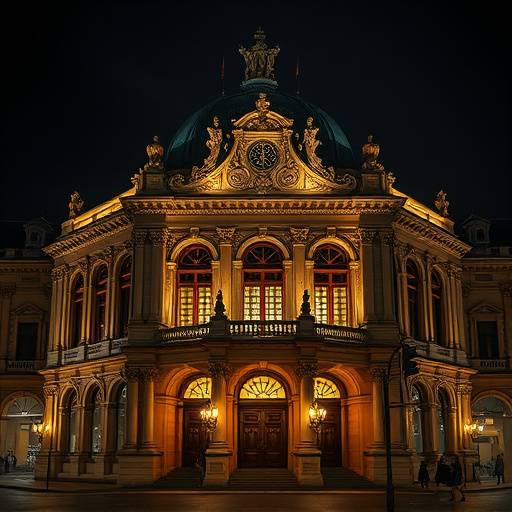 Une photographie d'architecture mettant en valeur la faäade illuminée de l'Opéra de Lyon de nuit, avec ses détails architecturaux complexes, illustrant la beauté et la grandeur du bâtiment.