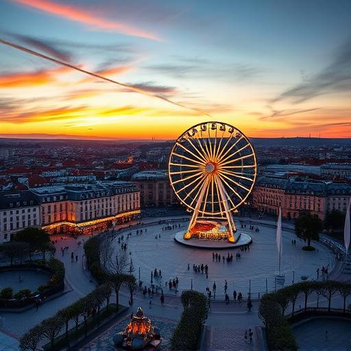 Une vue panoramique de la place Bellecour à Lyon au coucher du soleil, mettant en avant la grande roue illuminée et l'atmosphère vibrante de la ville.